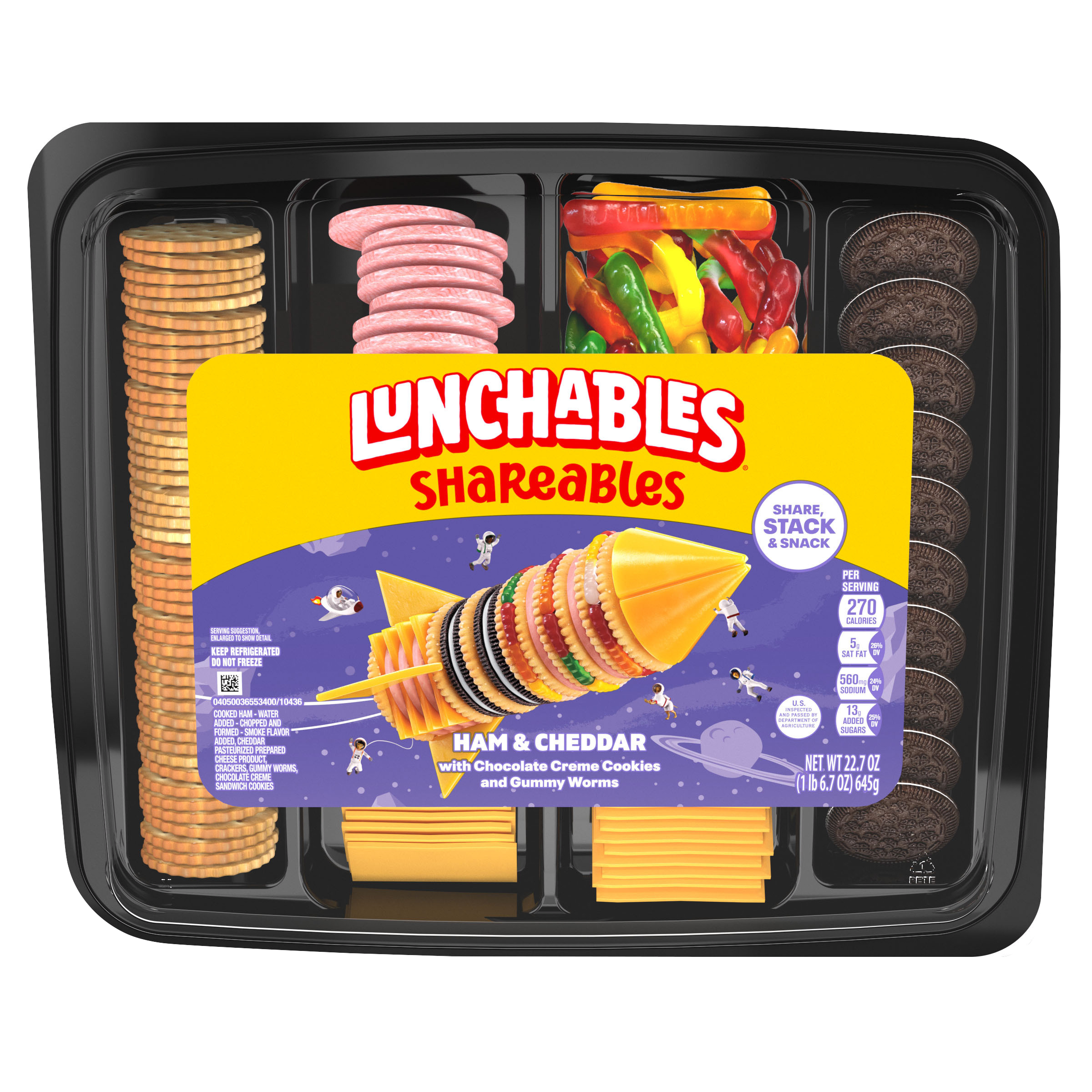 Shareables Ham & Cheddar with Crackers, Chocolate Creme Cookies and Gummy Worms