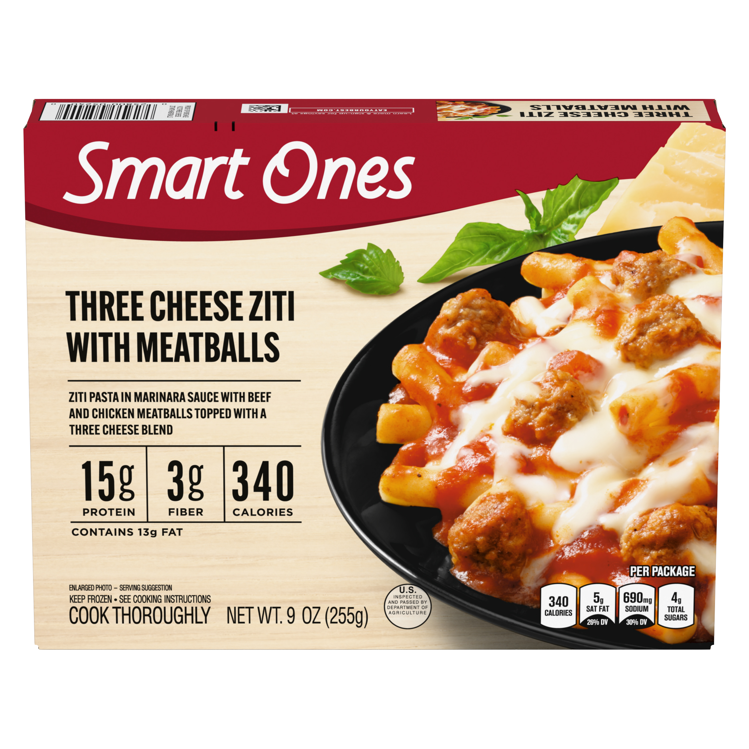 Three Cheese Ziti Pasta with Meatballs, Mozzarella, Monterey Jack & Parmesan Cheeses Frozen Meal