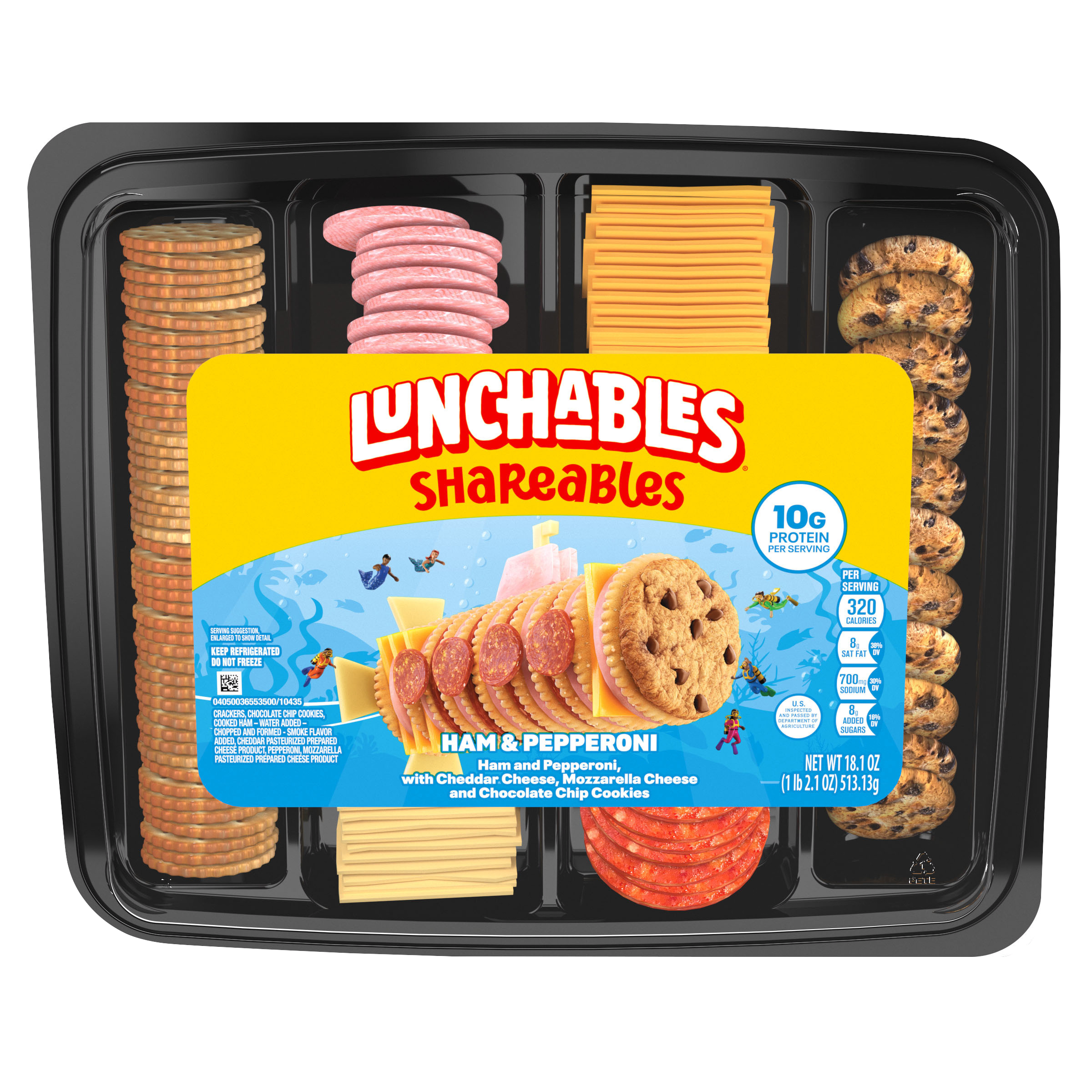 Shareables Ham & Pepperoni with Cheddar Cheese, Mozzarella Cheese, Crackers and Chocolate Chip Cookies Snack Kit