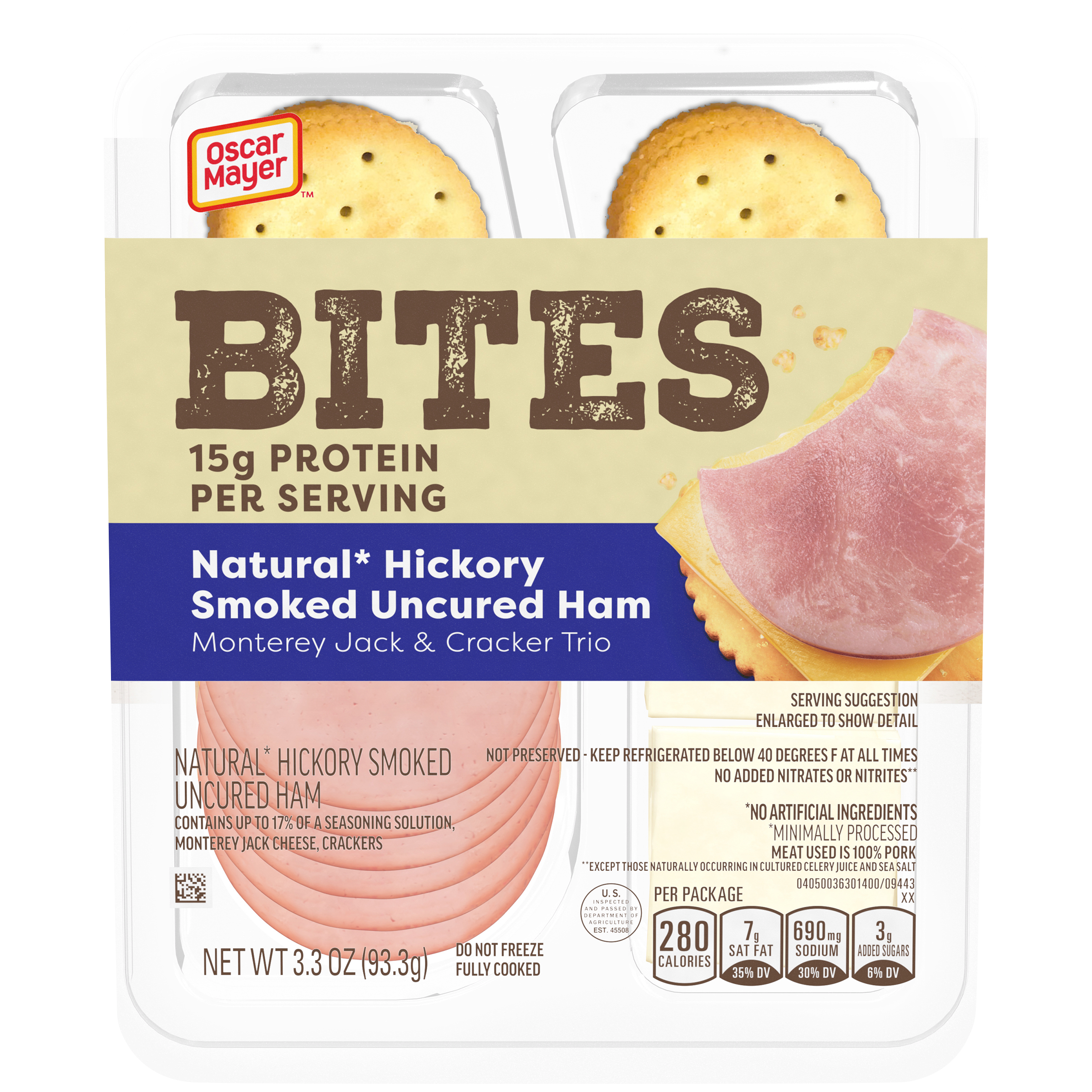 Bites Natural Hickory Smoked Uncured Ham, Monterey Jack & Cracker Trio Meat & Cheese Snack Plate