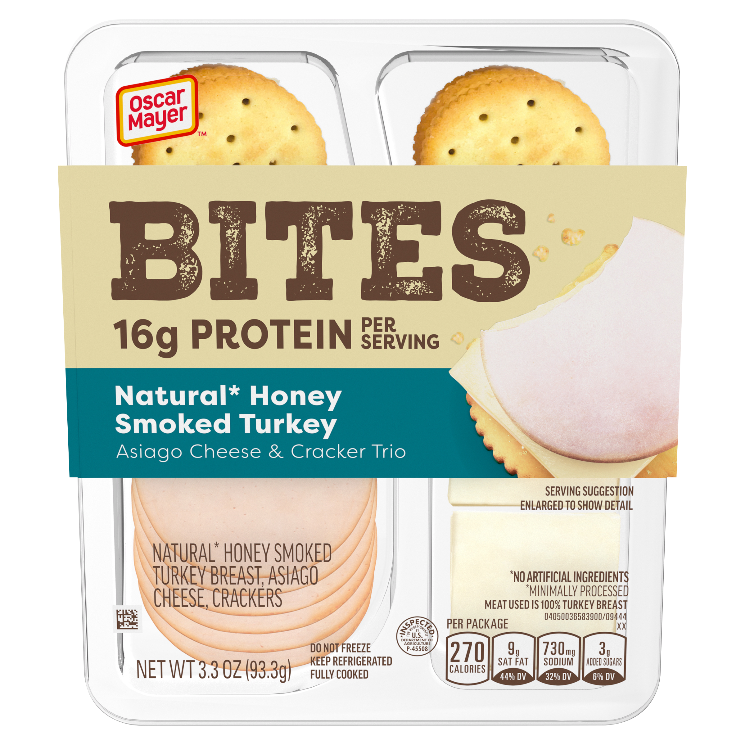 Bites Natural Honey Smoked Turkey, Asiago Cheese & Cracker Trio Meat & Cheese Snack Plate