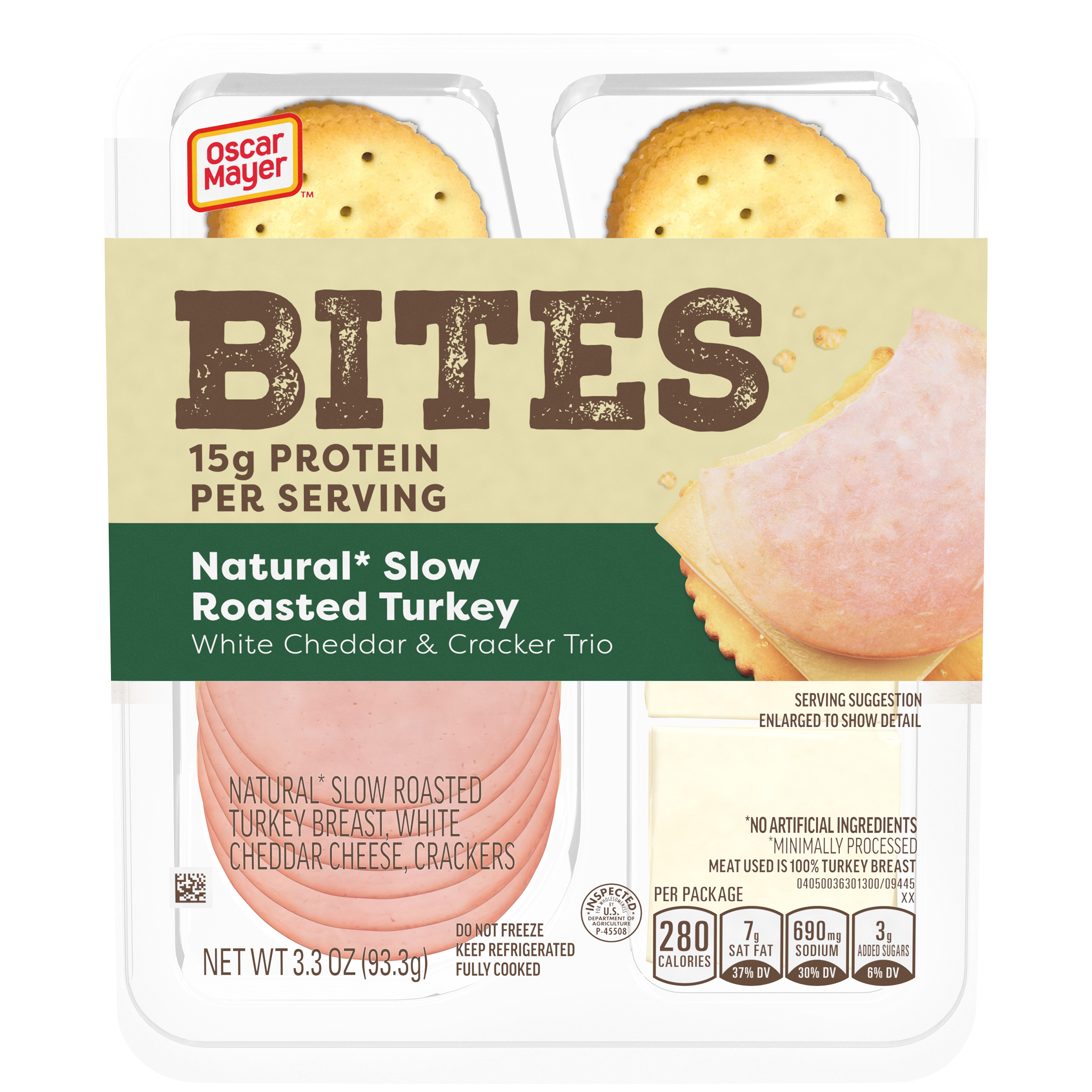 Bites Natural Slow-Roasted Turkey, White Cheddar & Cracker Trio Meat & Cheese Snack Plate