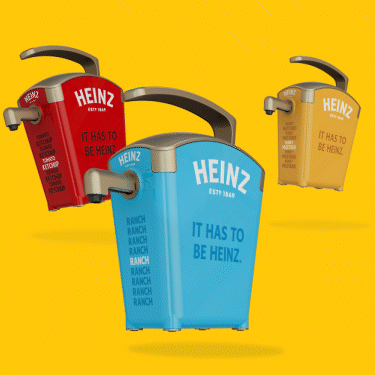 Three Heinz condiment dispensers in red (ketchup), yellow (mustard), and blue (ranch) floating on a yellow background.