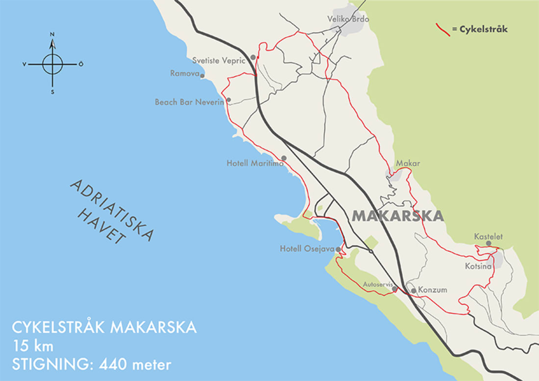 Karta f�r cykelstr�k i Makarska, Kroatien