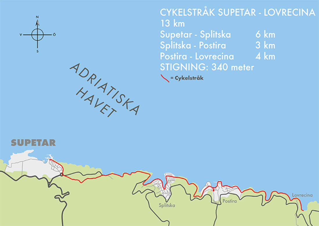 Karta f�r cykelstr�k i Supetar, Kroatien