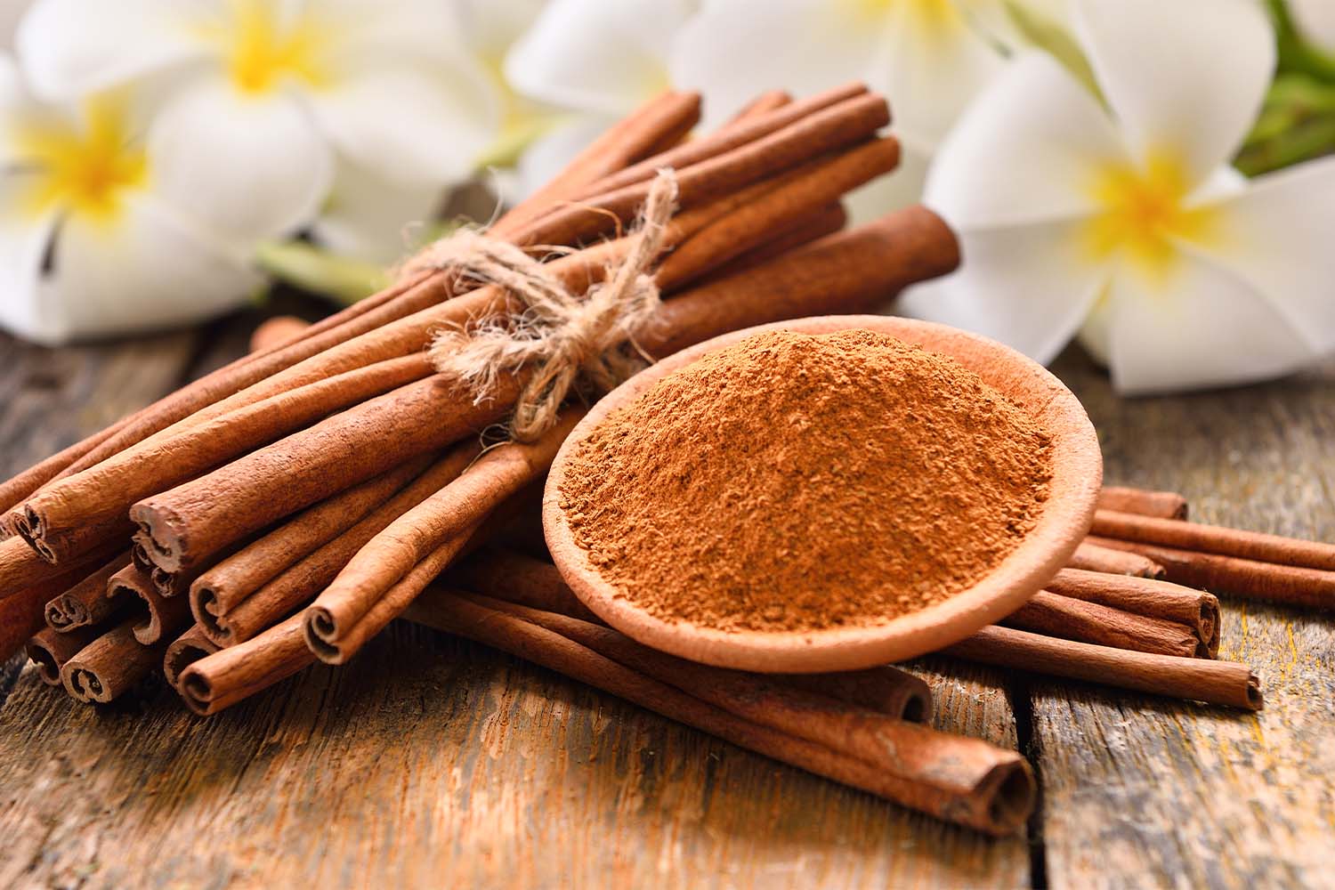 A bundle of cinnamon sticks next to a small bowl of ground cinnamon.