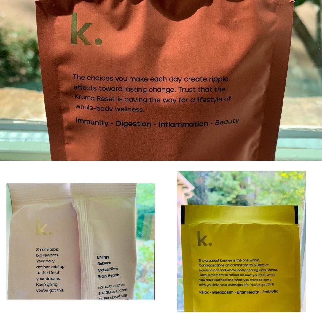 Three photos of Kroma Wellness products with positive affirmations on them.