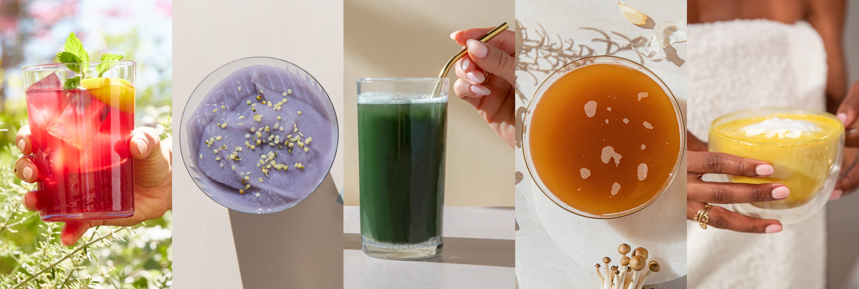A collage of the superfoods and beverages in the Kroma Ultimate Immunity Bundle.