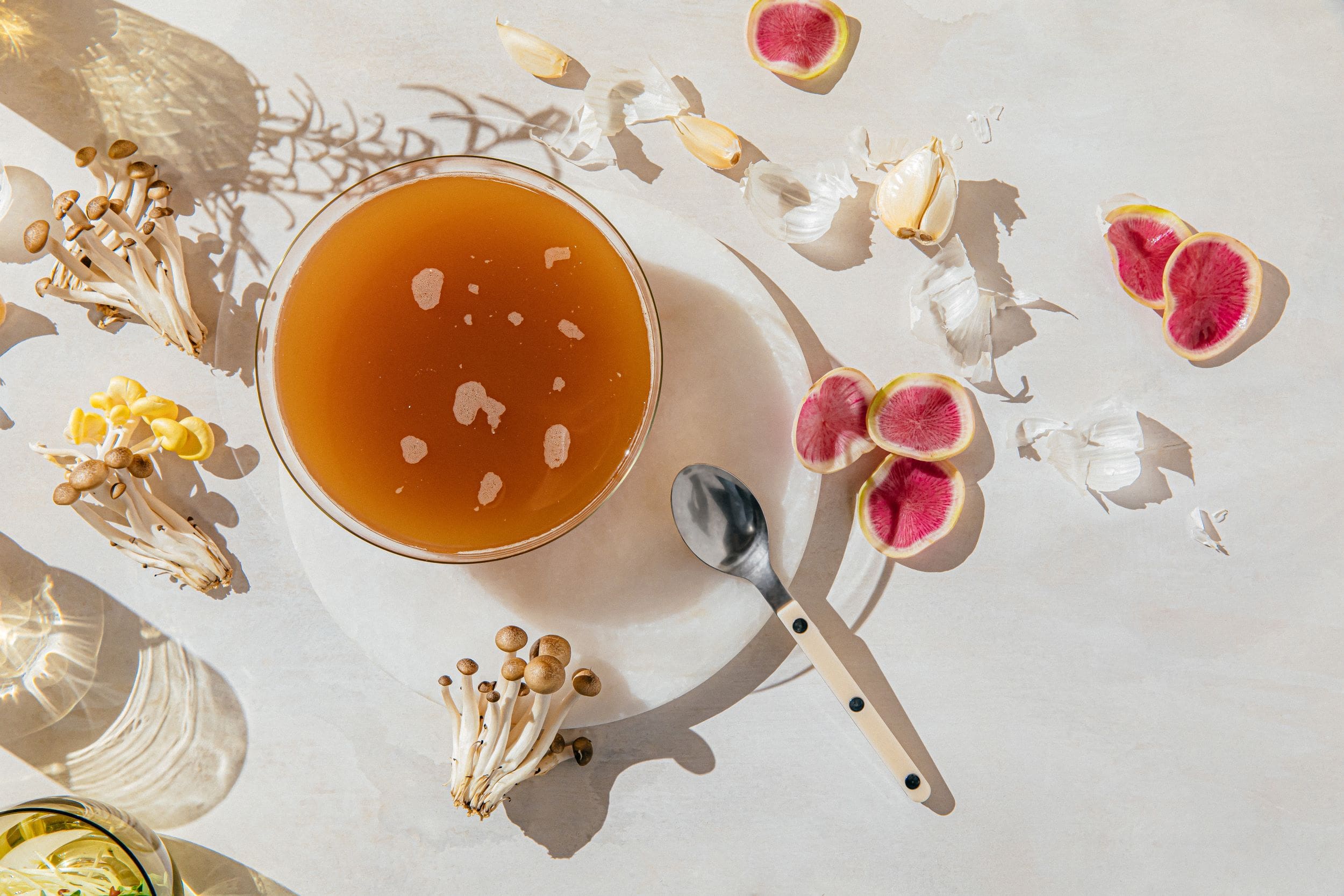 A bowl of prepared Kroma 24K Chicken Bone Broth.