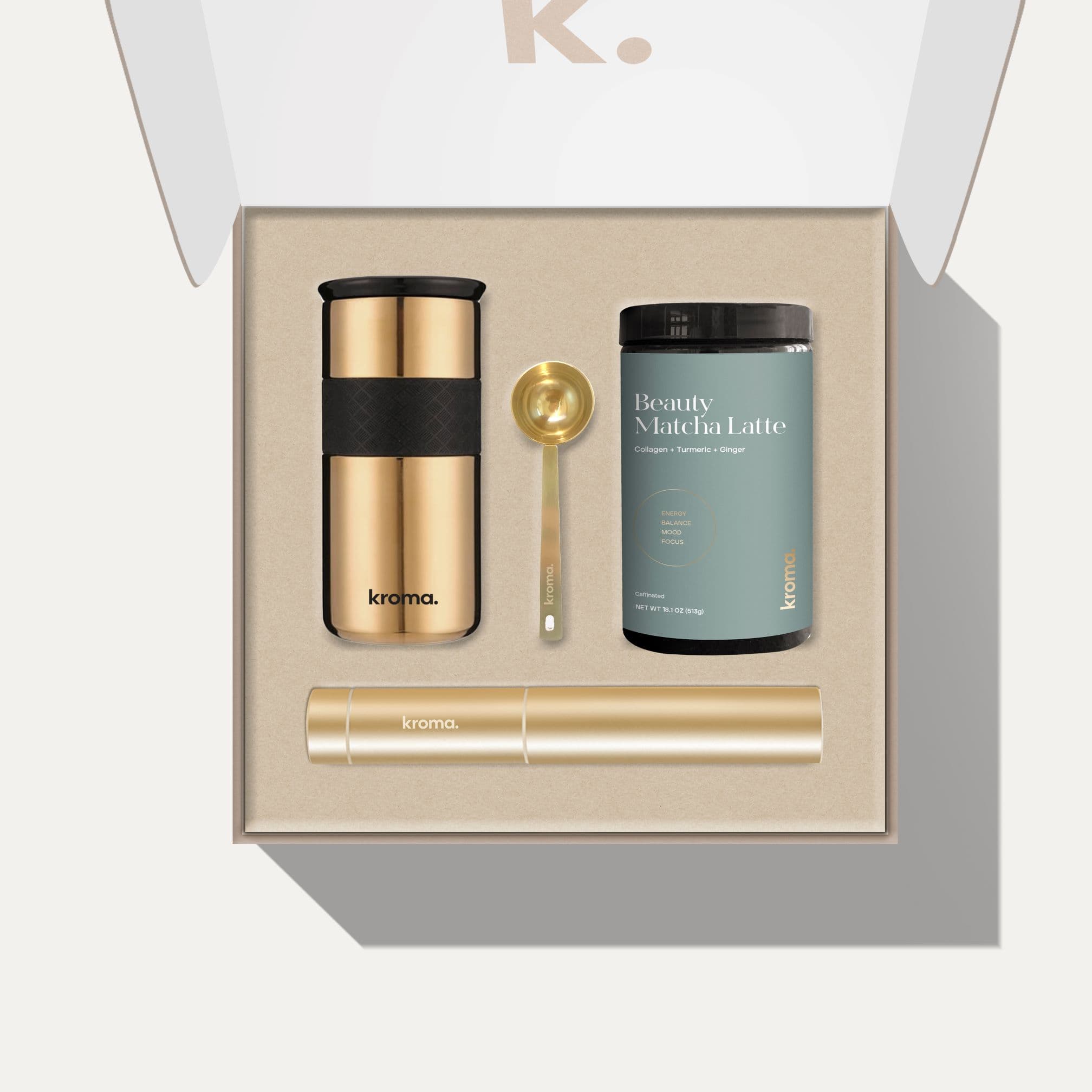 An open Kroma Beauty Matcha Starter Kit box with products inside.
