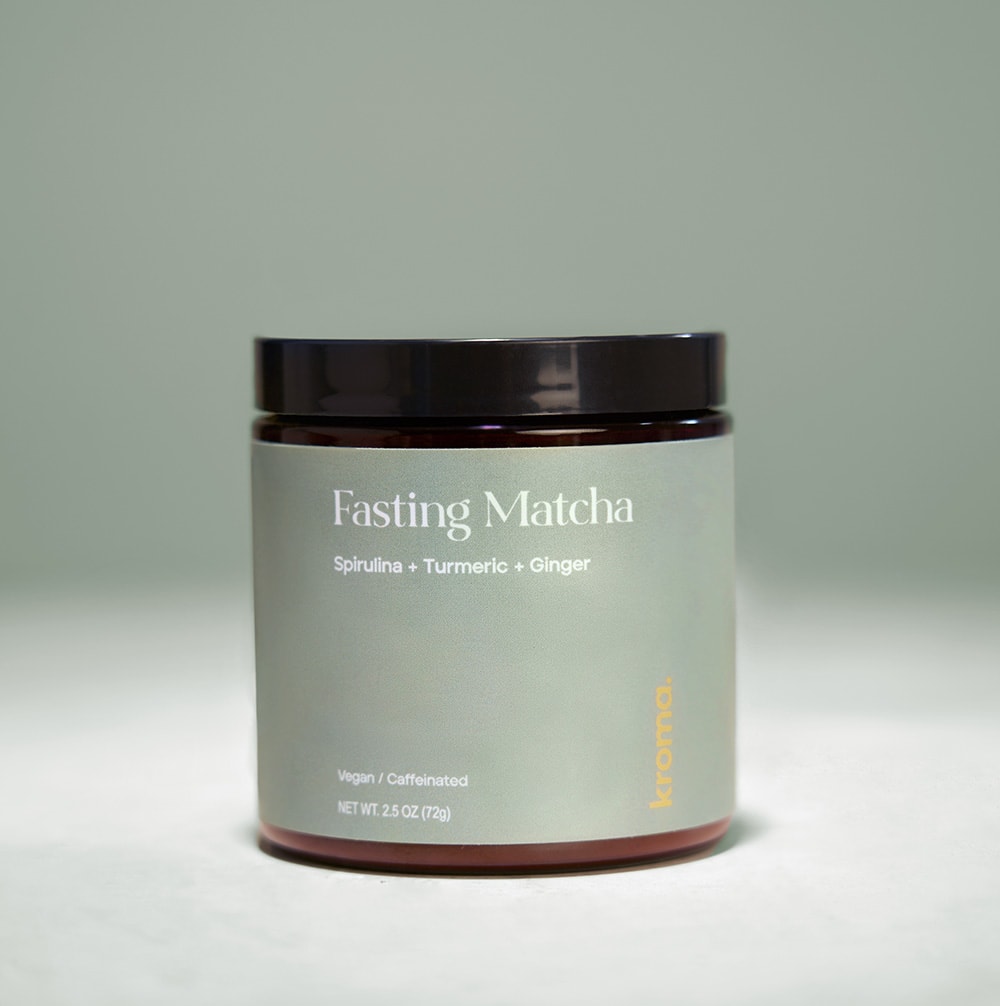 Display of a jar of Fasting Matcha.