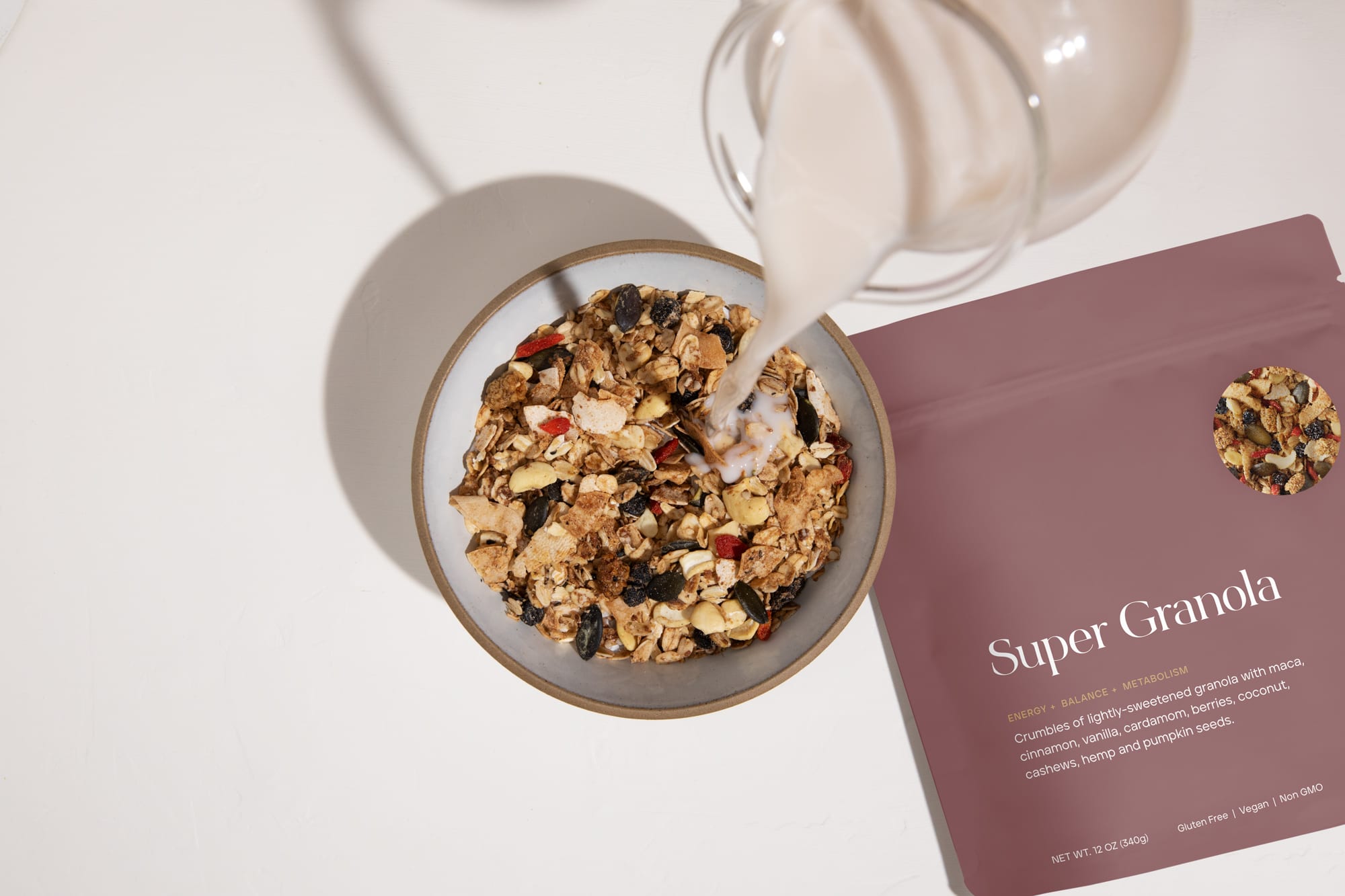 Display of the pack, and bowl of Super Granola.