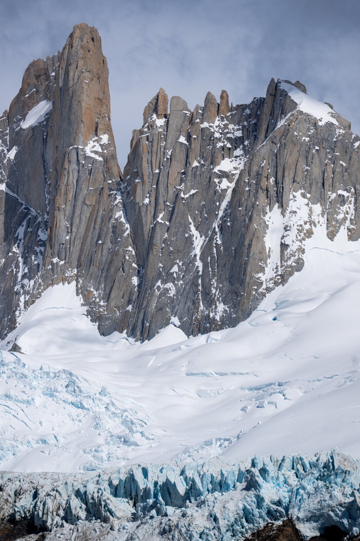 Where the Piedras Blancas glacier drops over a cliff huge blue ice pinnacles form