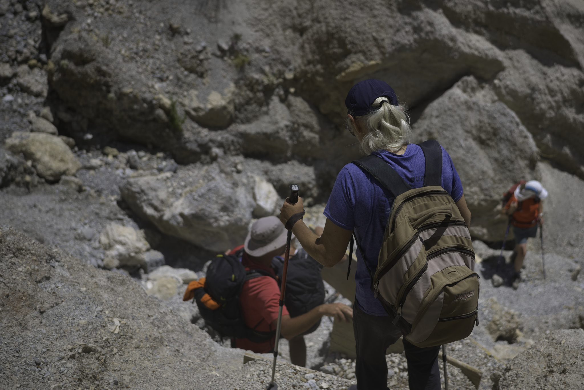 Descending the makeshift steps