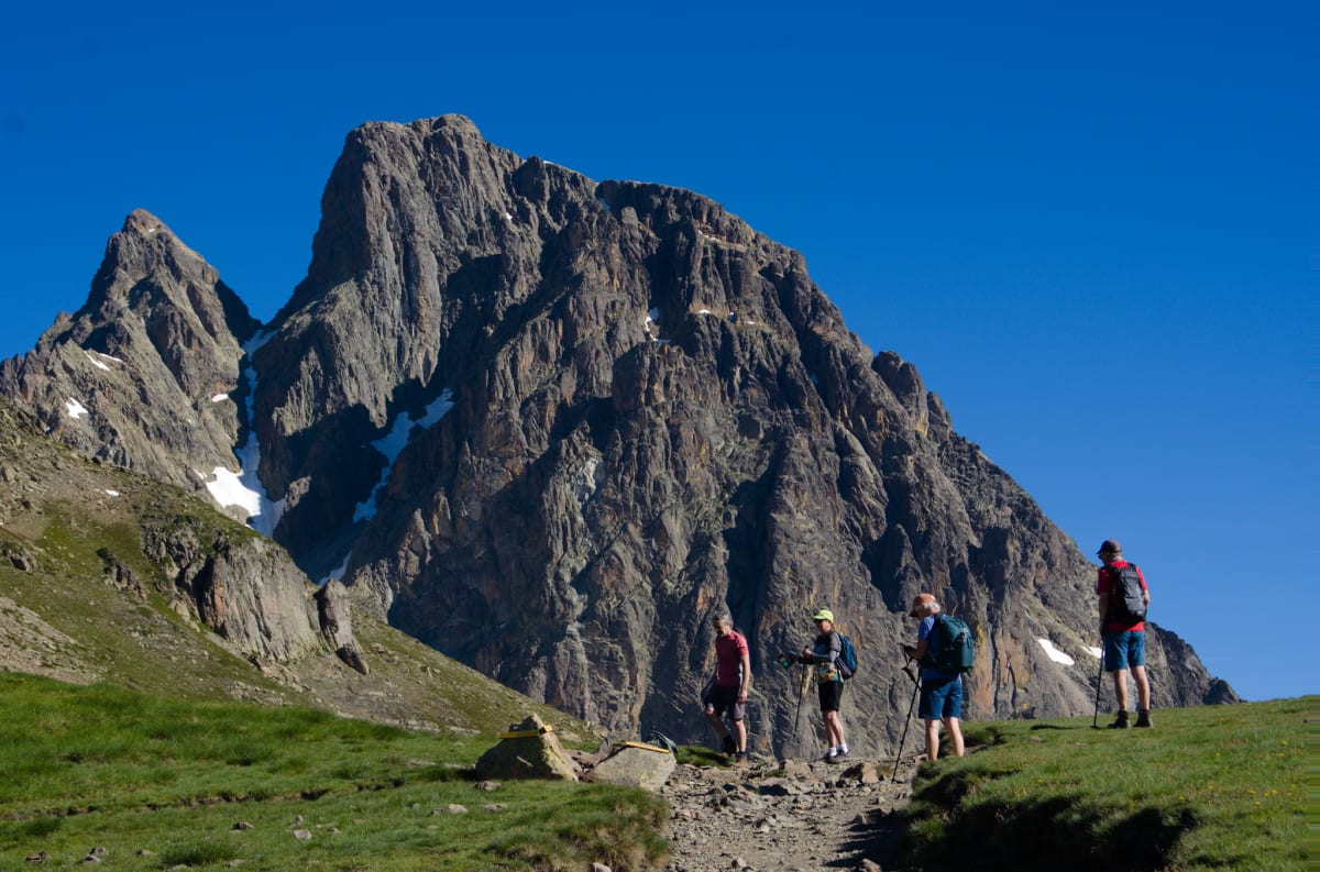At the col with the mighty Pic du Midi rising behind