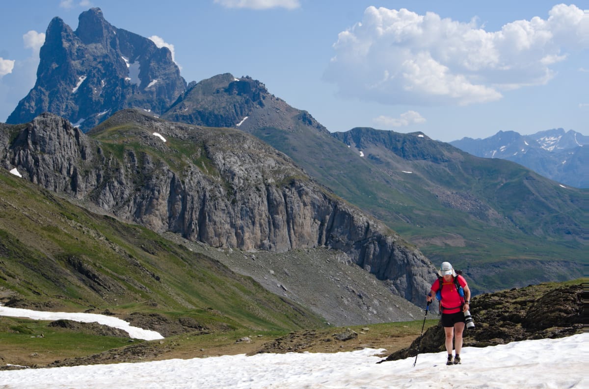 Crossing snow slopes, Pic du Midi d’Ossau behind