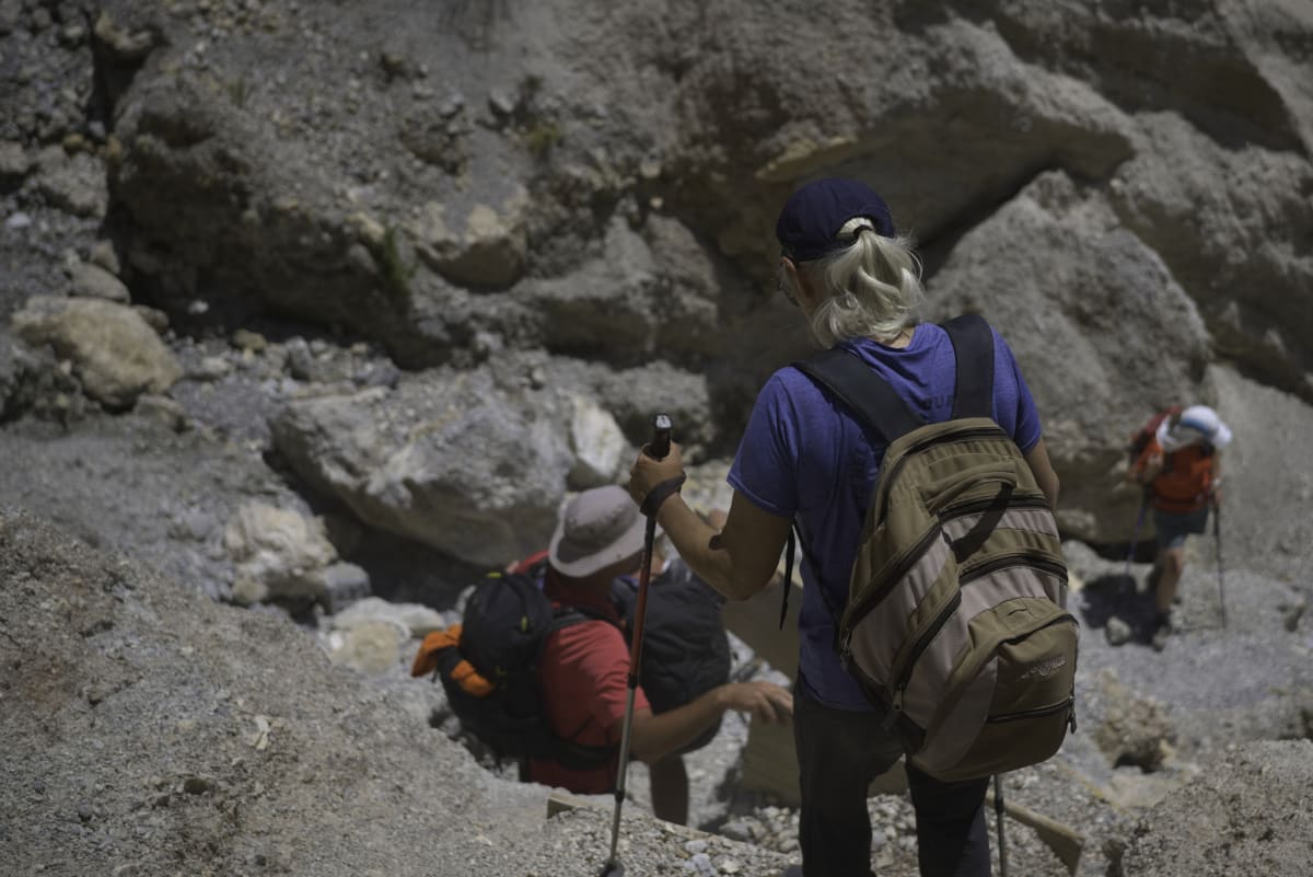 Descending the makeshift steps