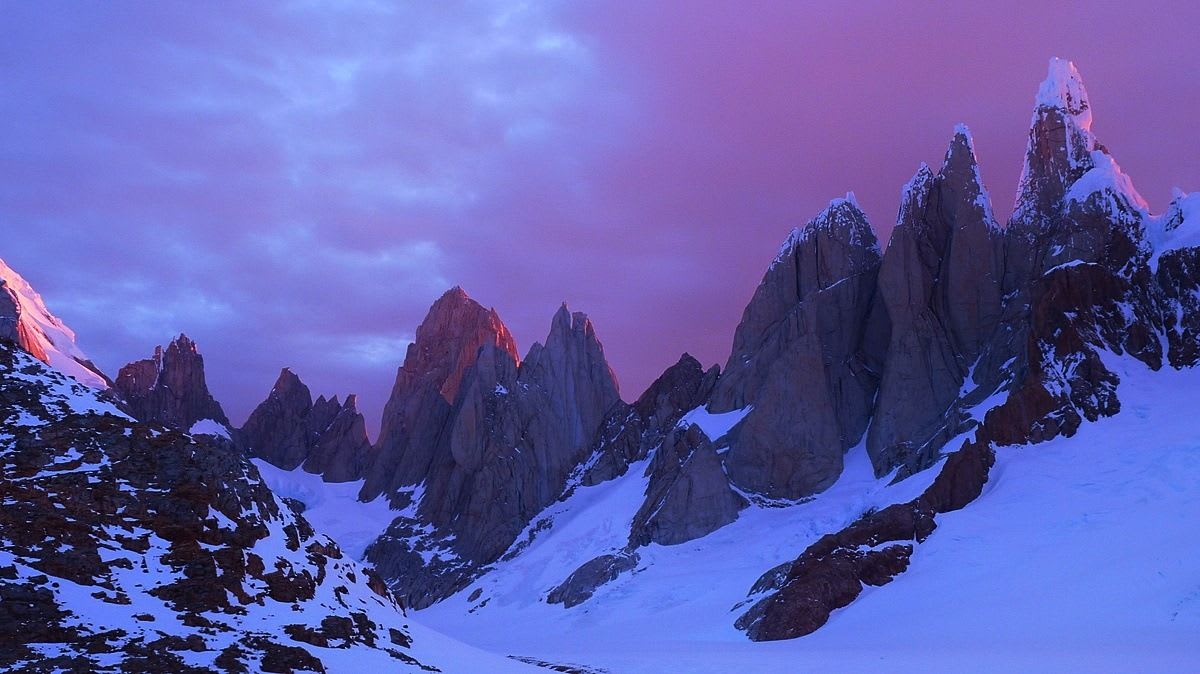 The Cerro Torre range at sunrise from the Cirque de los Altares