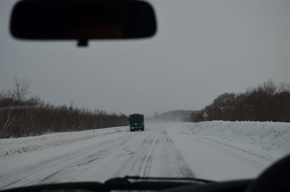 Snowy road on the long road trip