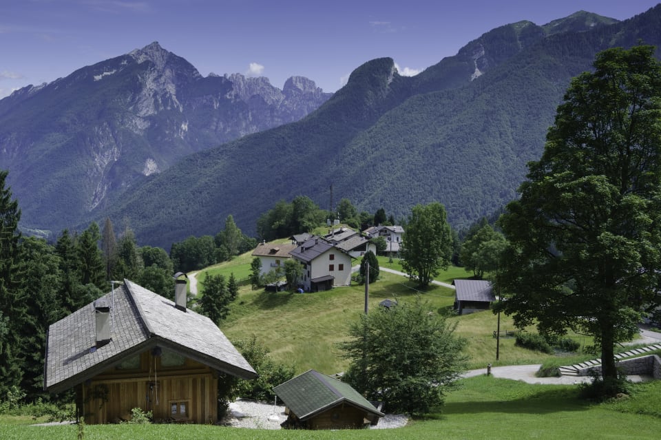 The green alpine pastures and villages near Sagron