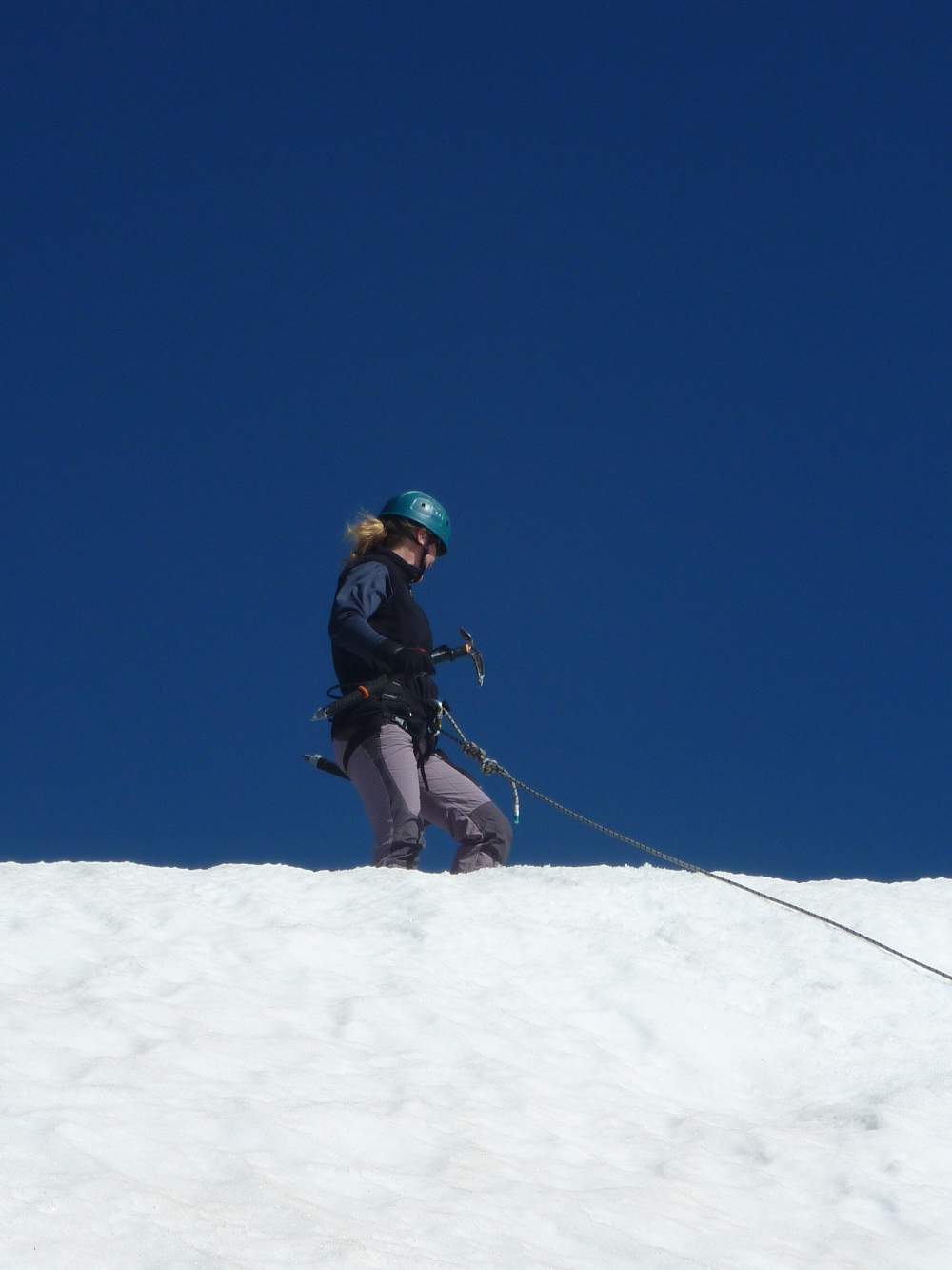 Arriving at the top. Perfect conditions, snow and blue sky