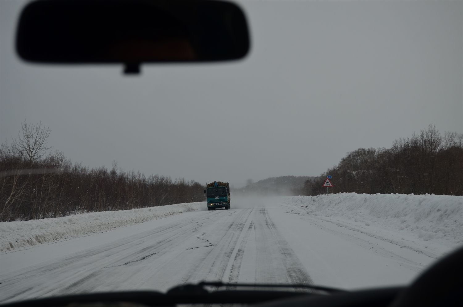 Snowy road on the long road trip