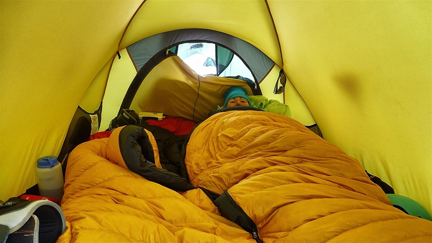 Warming my feet up in my sleeping bag