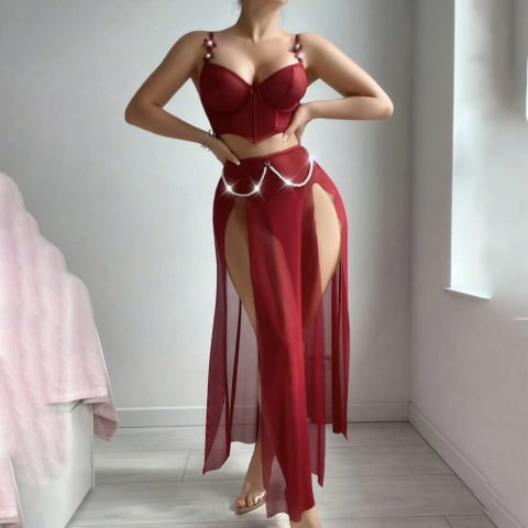 Satin Lace-Up Corset With Sheer Split Maxi Skirt — New Arrivals