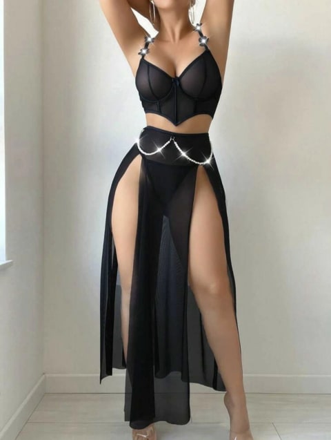 Satin Lace-Up Corset With Sheer Split Maxi Skirt — New Arrivals