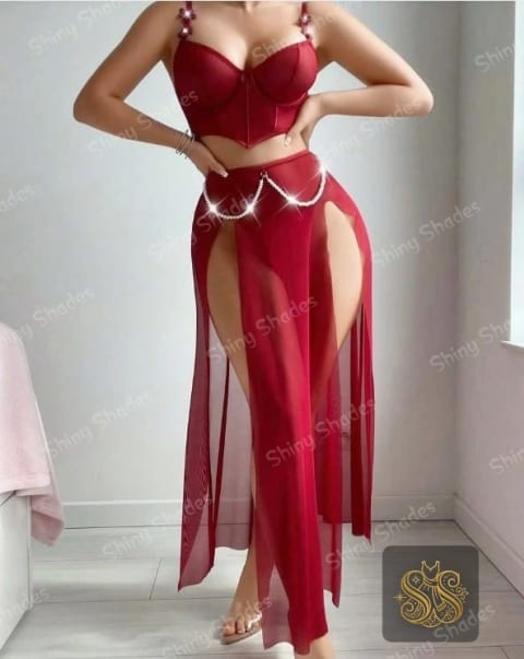 Crimson Mesh Bustier & Sheer Slit Skirt Set — Women's Dresses