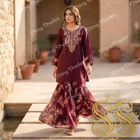 Wine Bloom Gharara — Sharara Set (Two-Piece)