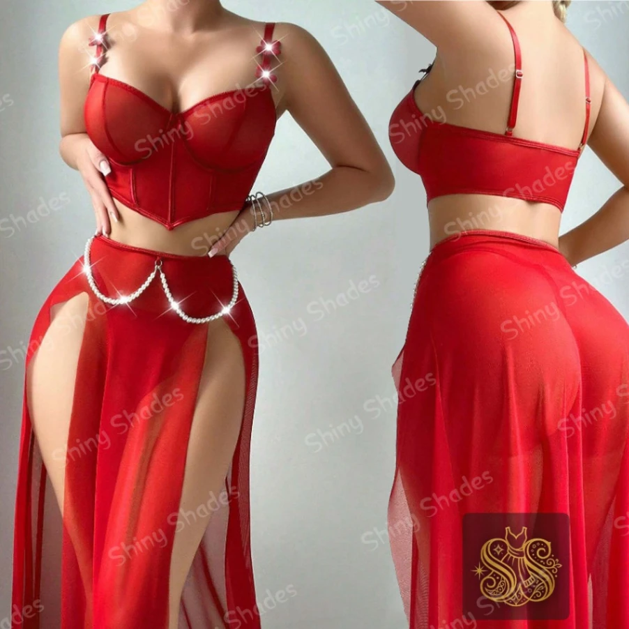 Crimson Mesh Bustier & Sheer Slit Skirt Set