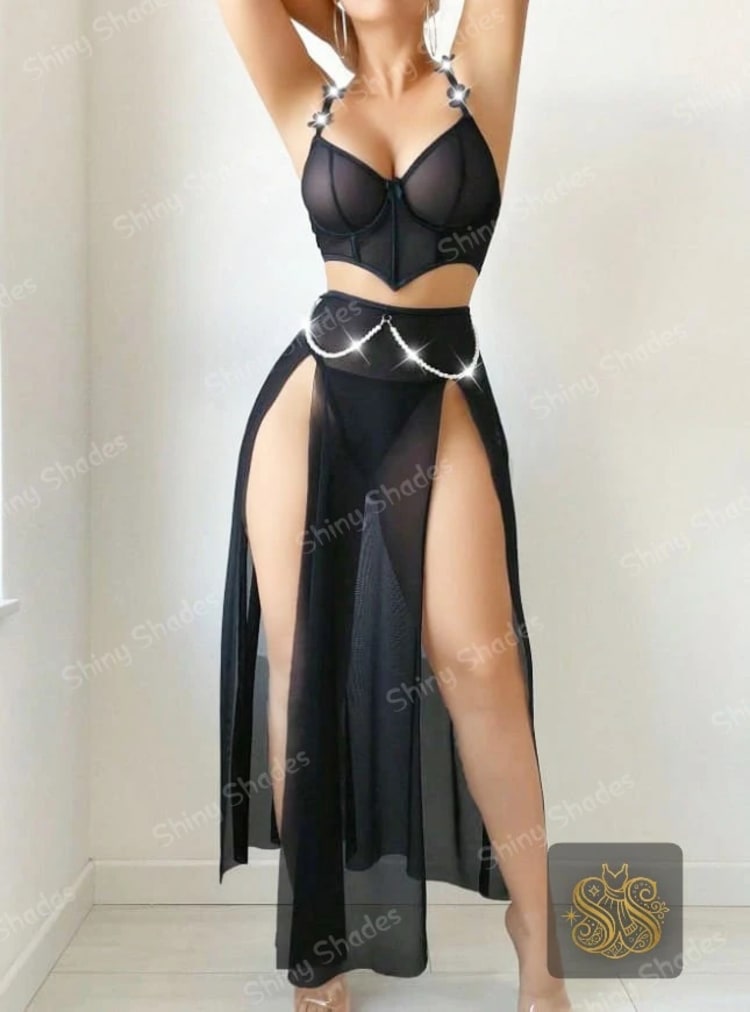 Crimson Mesh Bustier & Sheer Slit Skirt Set — photo 3 | Shiny Shades