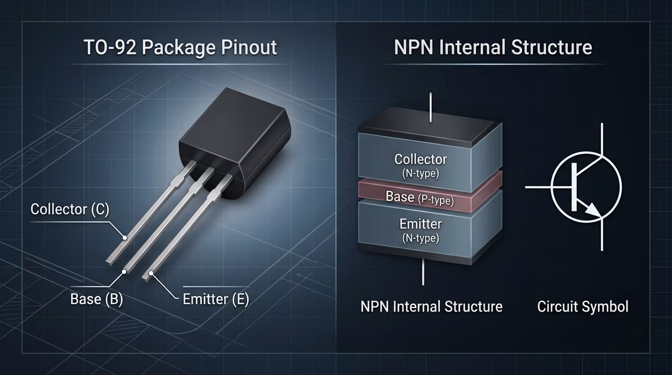 BJT Transistor TO-92 Pinout, NPN Structure, and Circuit Symbol BJT transistor diagram illustrating TO-92 pinout with collector base emitter, internal NPN structure, and circuit symbol
