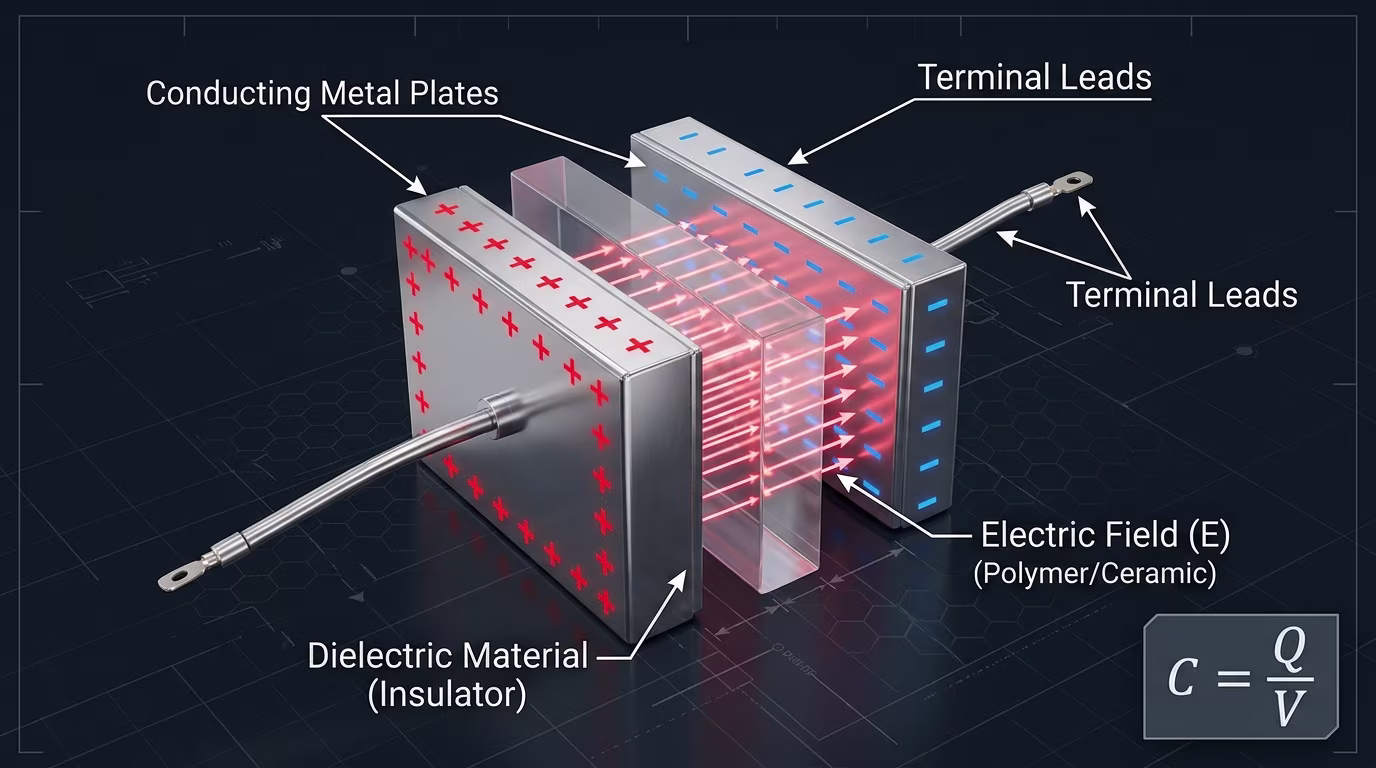 Internal Construction of a Parallel Plate Capacitor Parallel plate capacitor internal construction diagram showing conductive metal plates, dielectric insulator, and electric field lines