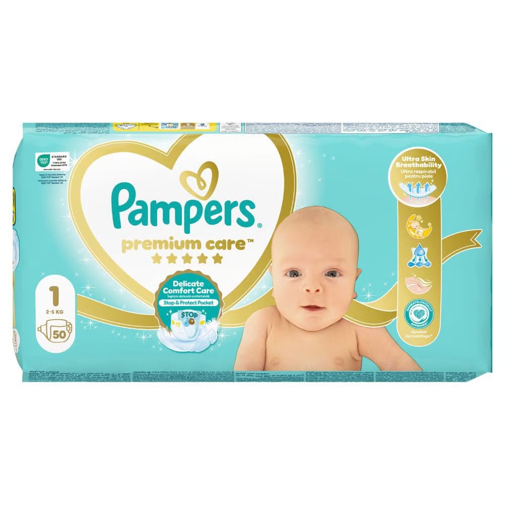 Pampers Premium пелени број 1, 2-5 кг, 50 парчиња