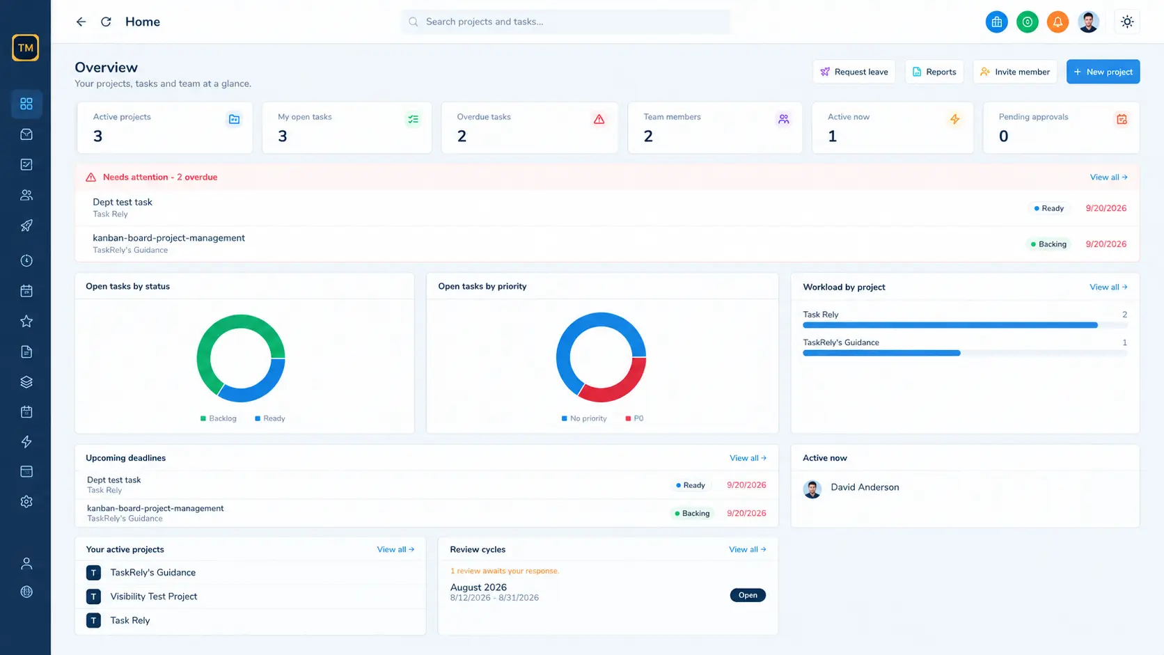TaskRely Dashboard screen - Active projects, who is clocked in, what is due next and what has slipped.