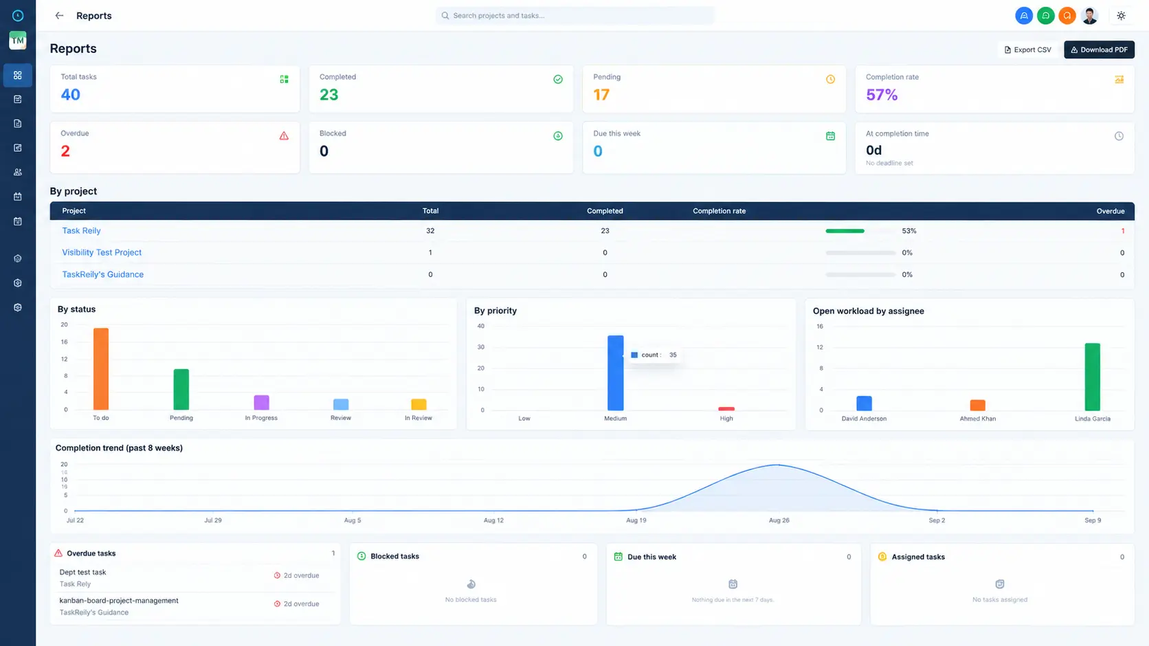 TaskRely organisation report with completion and contribution figures