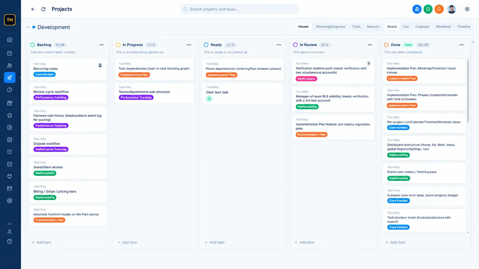 TaskRely kanban board with tasks moving across custom statuses