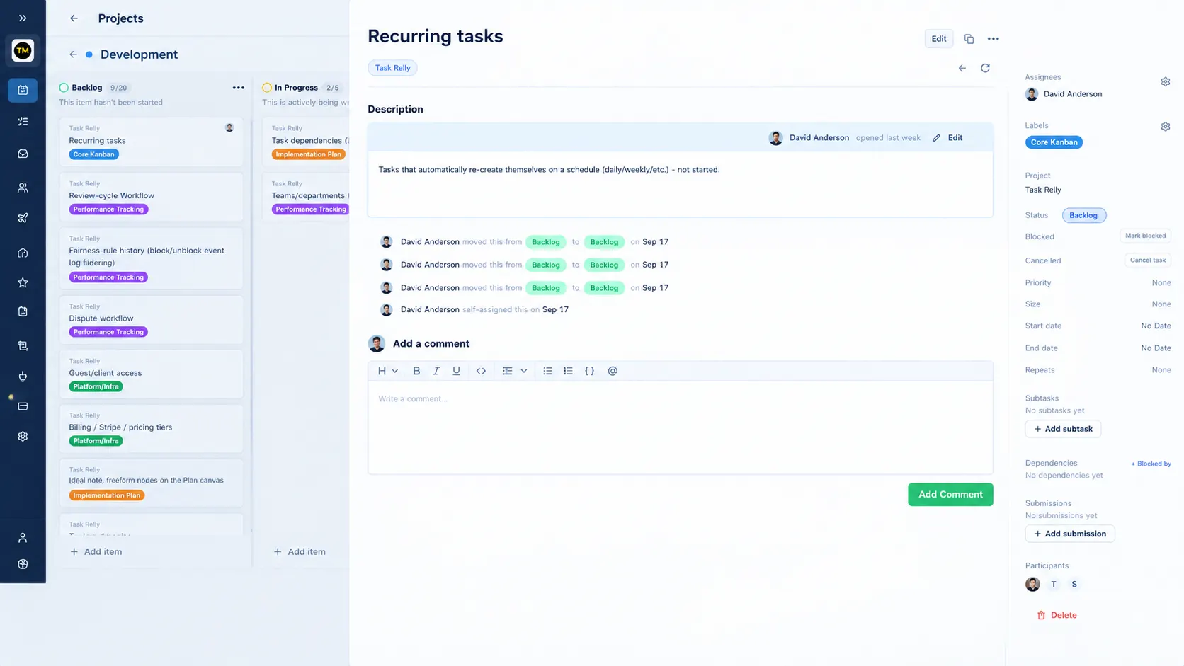 A TaskRely task open with its description, comments, assignees, size and due date