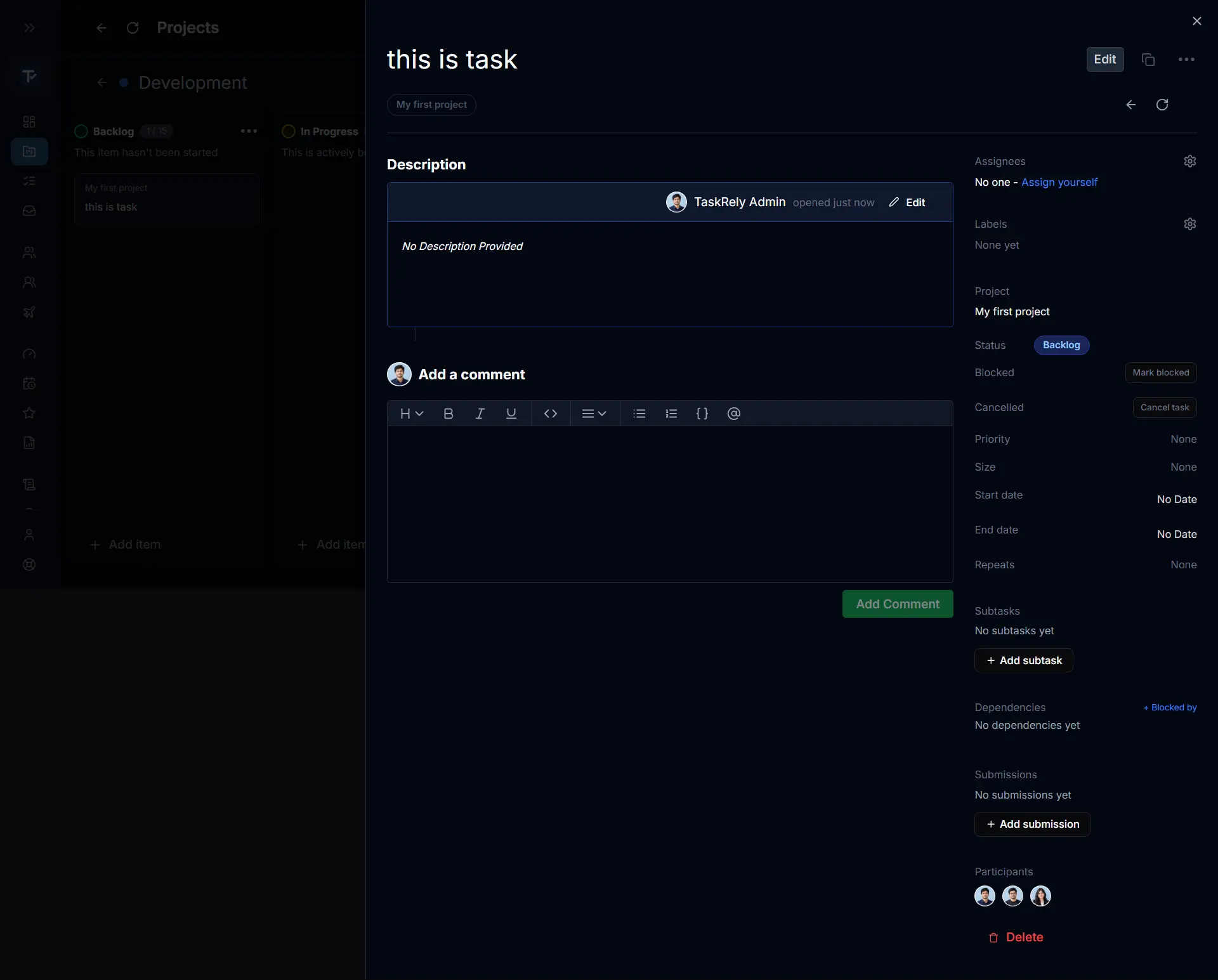 A task's detail panel in TaskRely, open beside the board