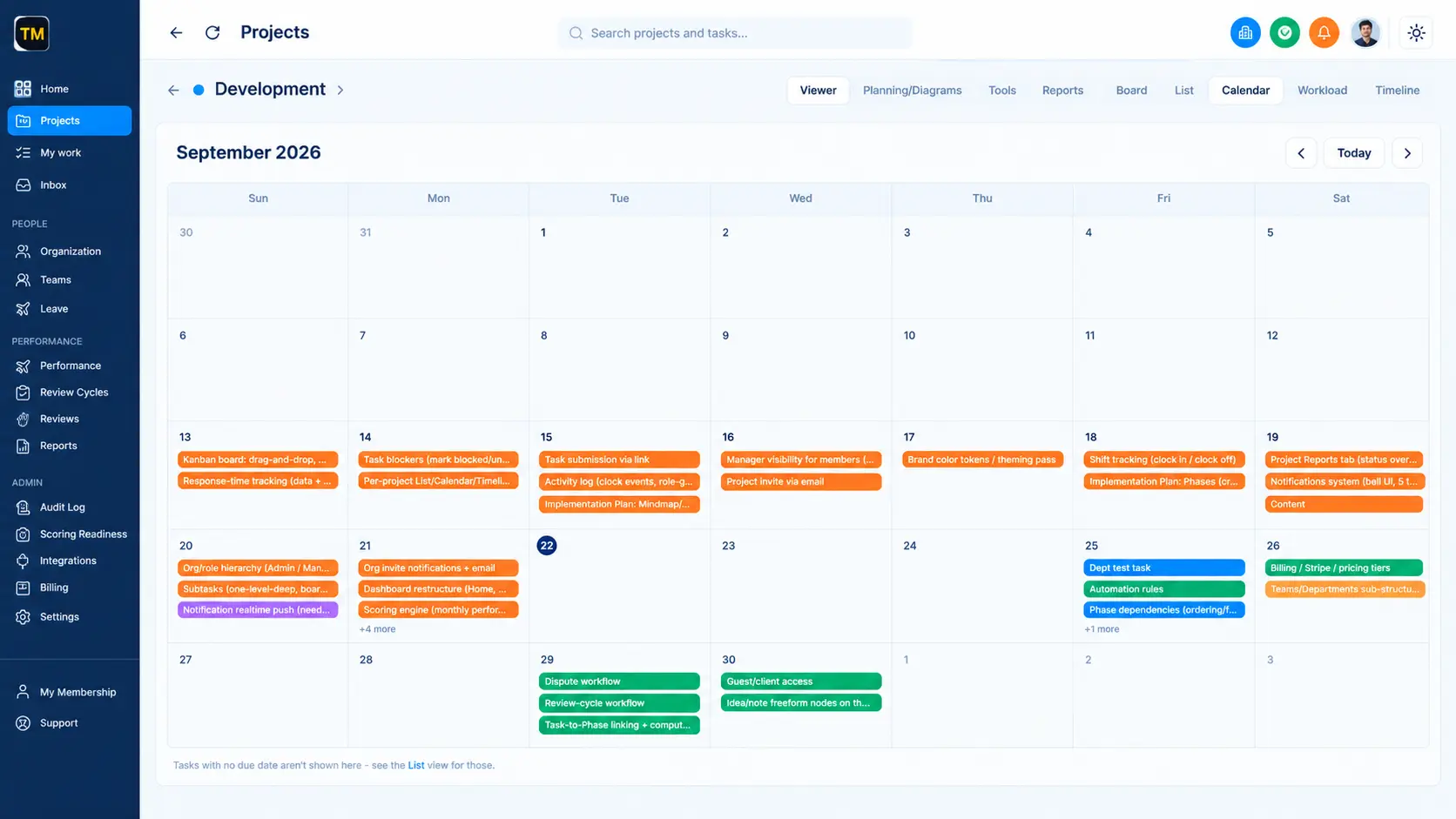 Calendar view in TaskRely, showing tasks laid out by due date