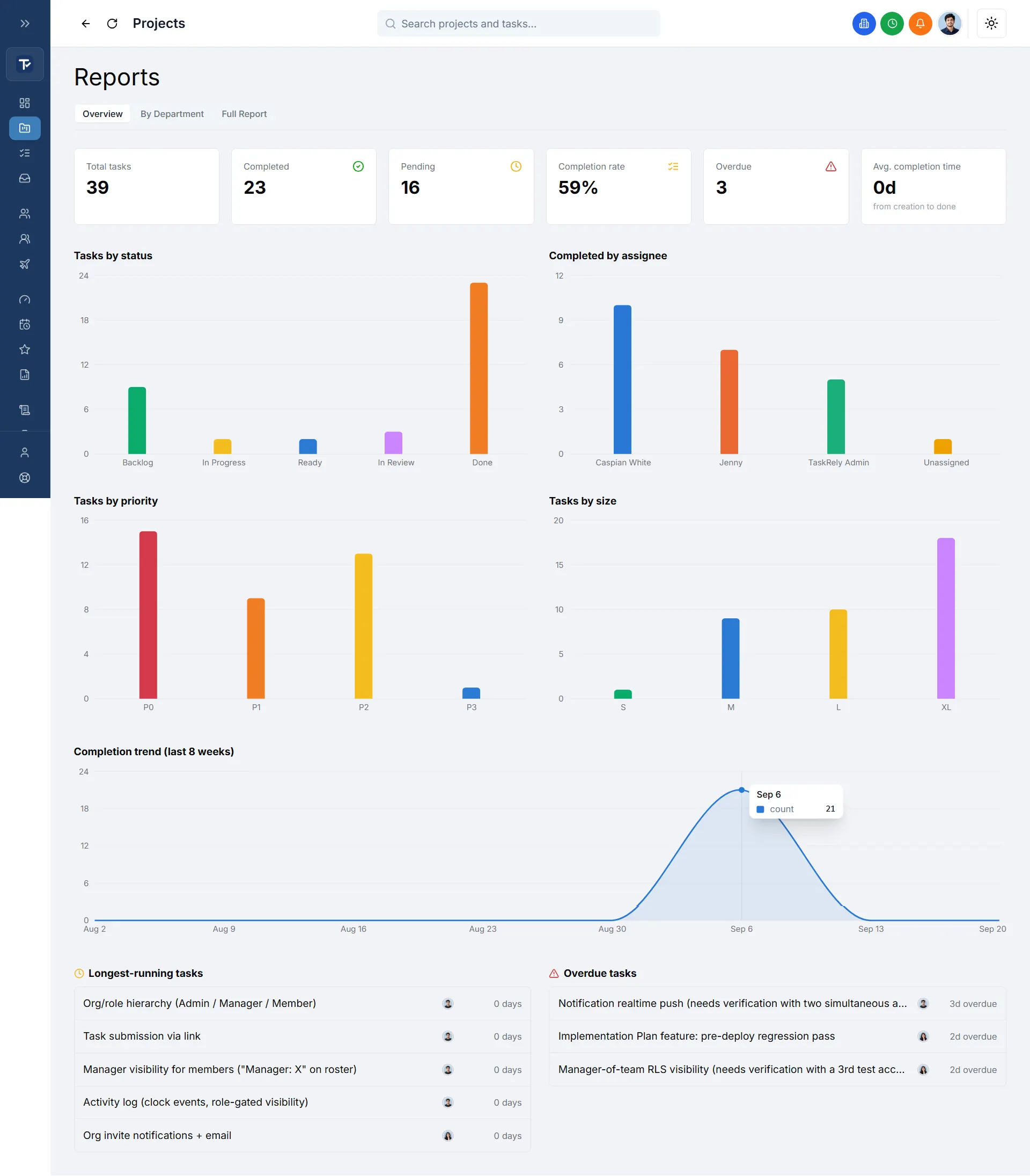 The Overview report tab in TaskRely, showing stat tiles and charts