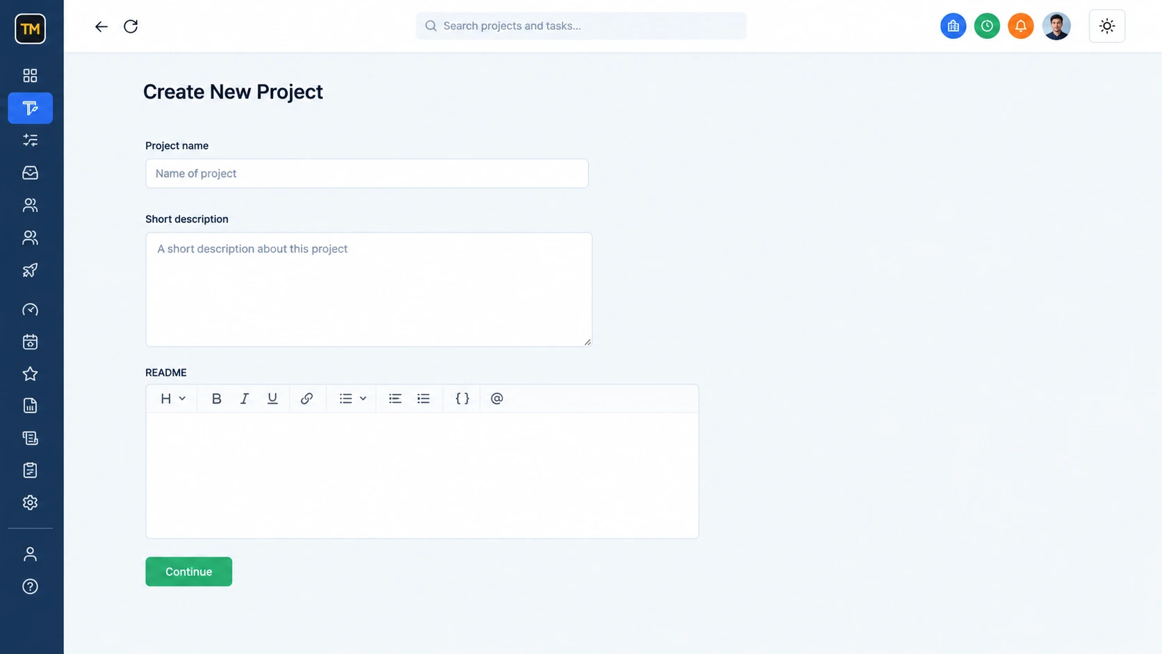 Creating a new project in TaskRely