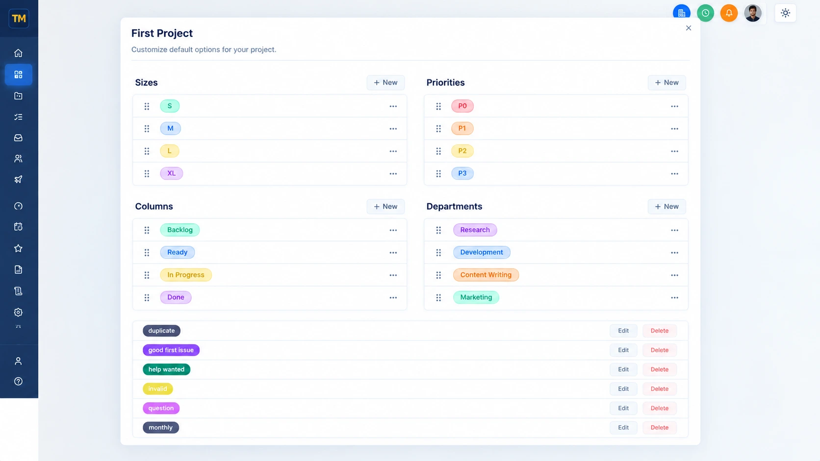 The default statuses, priorities, sizes, and labels shown when creating a project in TaskRely
