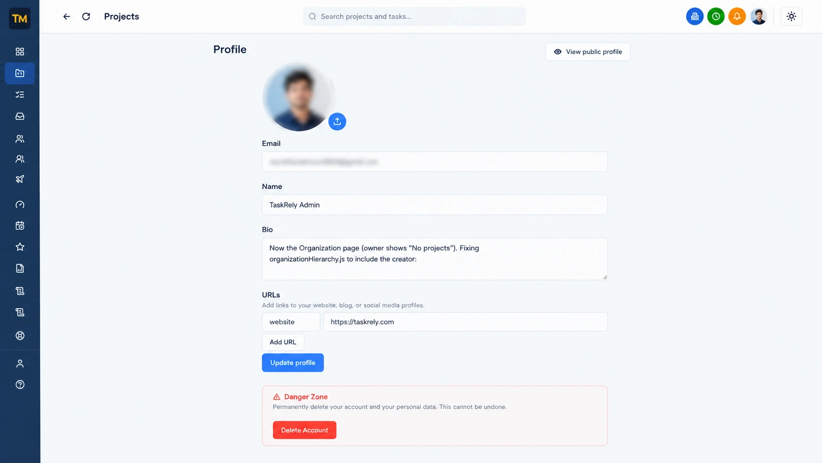 A user's public profile in TaskRely