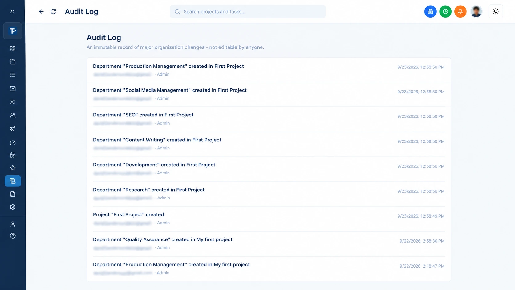 The Audit Log in TaskRely, listing organization events