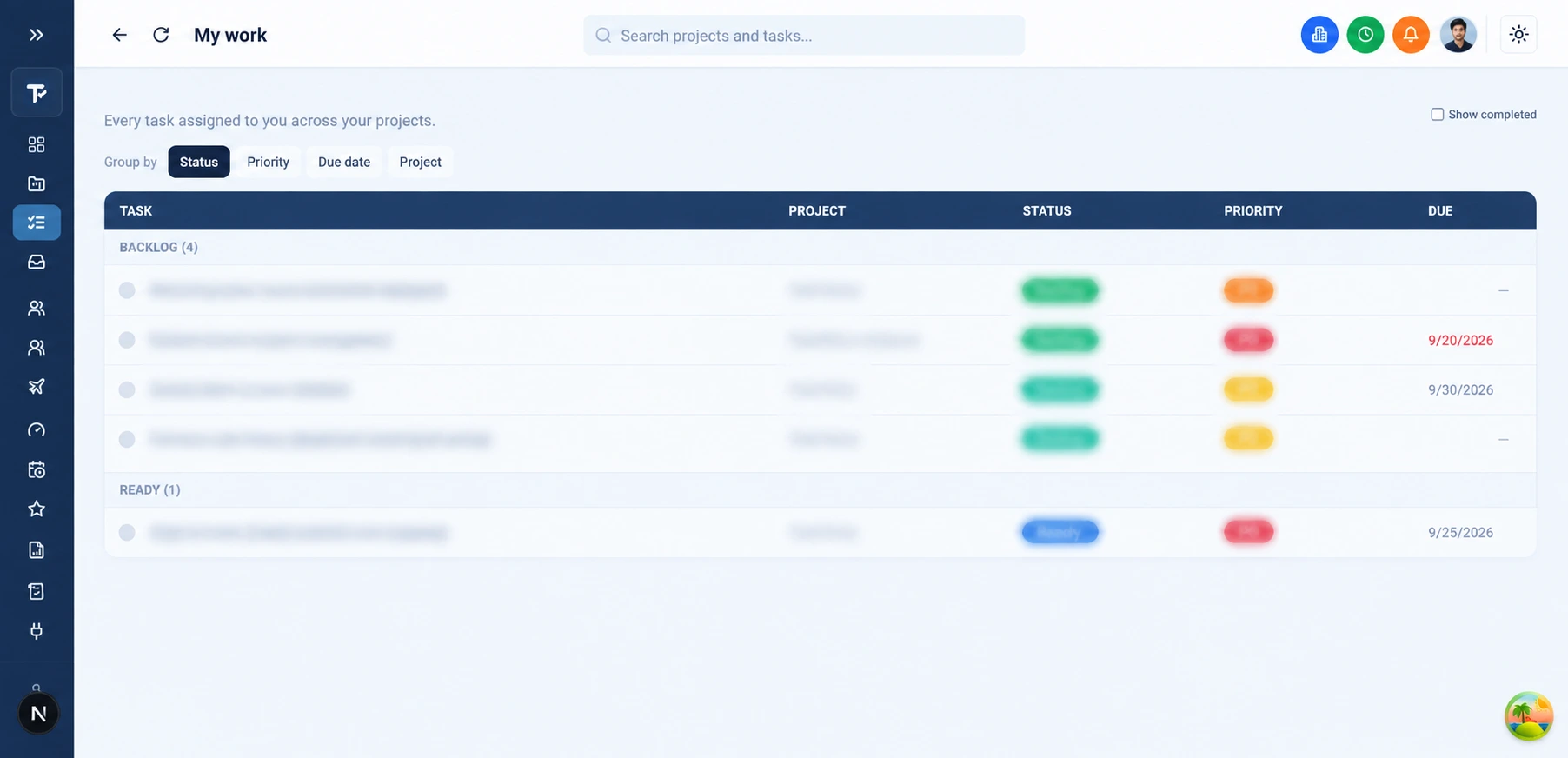 The My Work page in TaskRely, listing tasks assigned to the current user