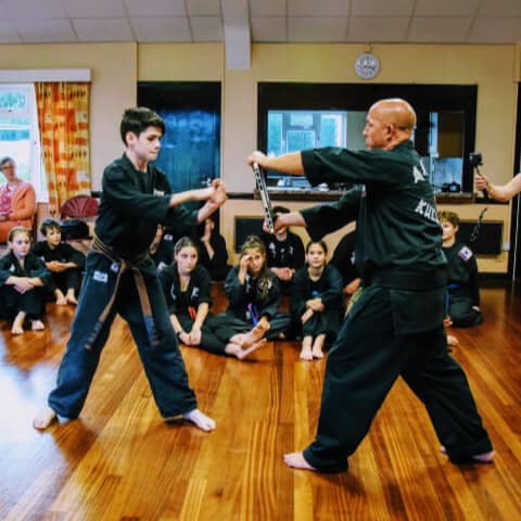 Two adults face to face practicing Kuk Sool