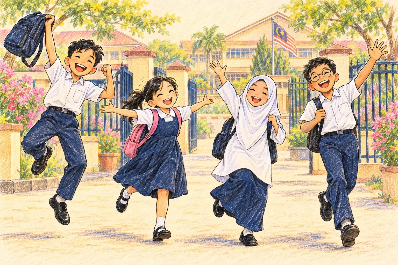 Anak-anak beruniform sekolah gembira selepas tamat peperiksaan hujung tahun